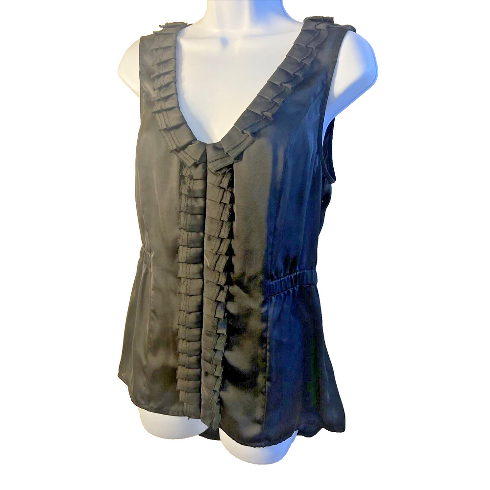 Express Black V Neck Sleeveless Satin Blouse Med Long Gathers at Waist, Side zip